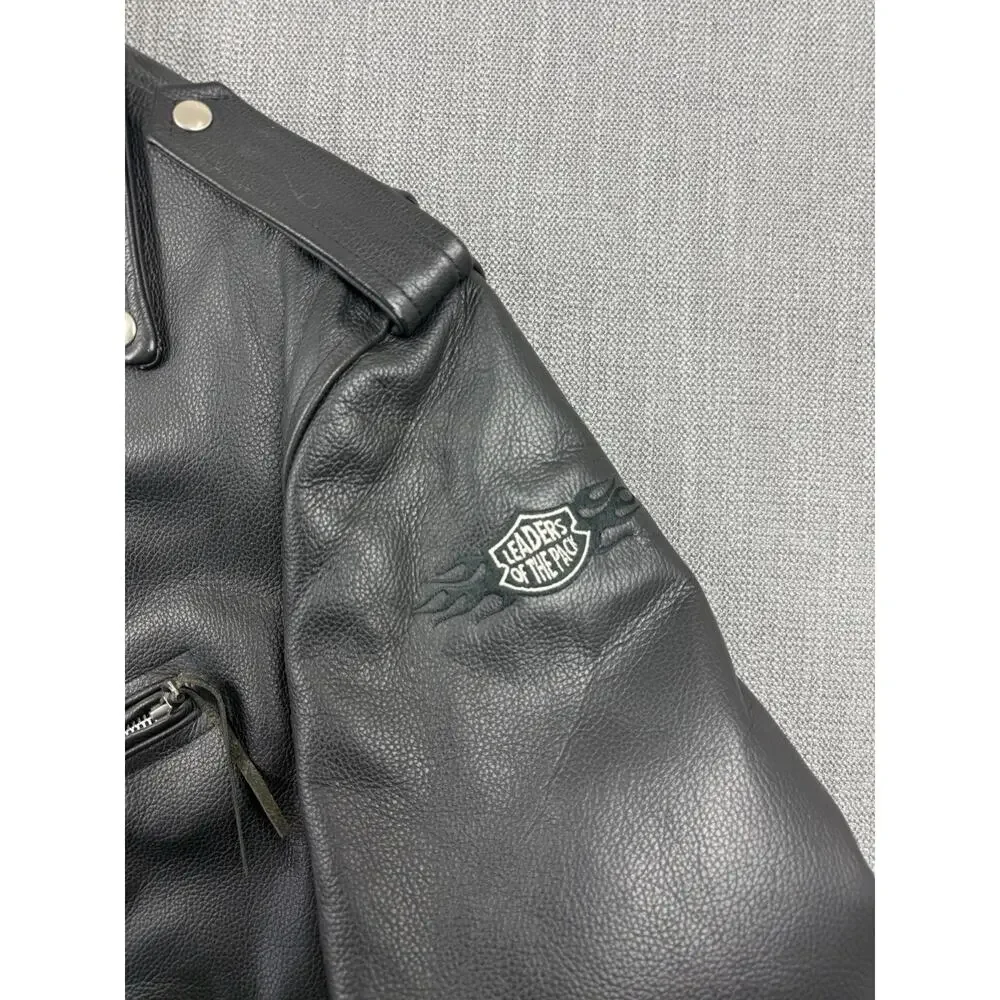 River Road Leather Motorcycle Jacket Mens 48 Black Biker Belted Leaders Patch